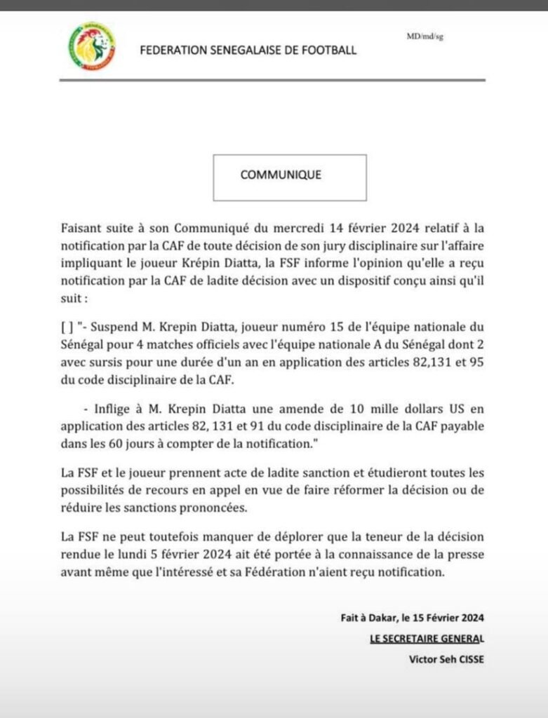 Communiqué de la FSF informant de la sanction de Krepin Diatta