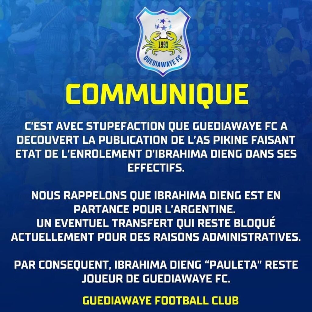 Communiqué de Guédiawaye Football Club après la présentation de Ibrahima Dieng