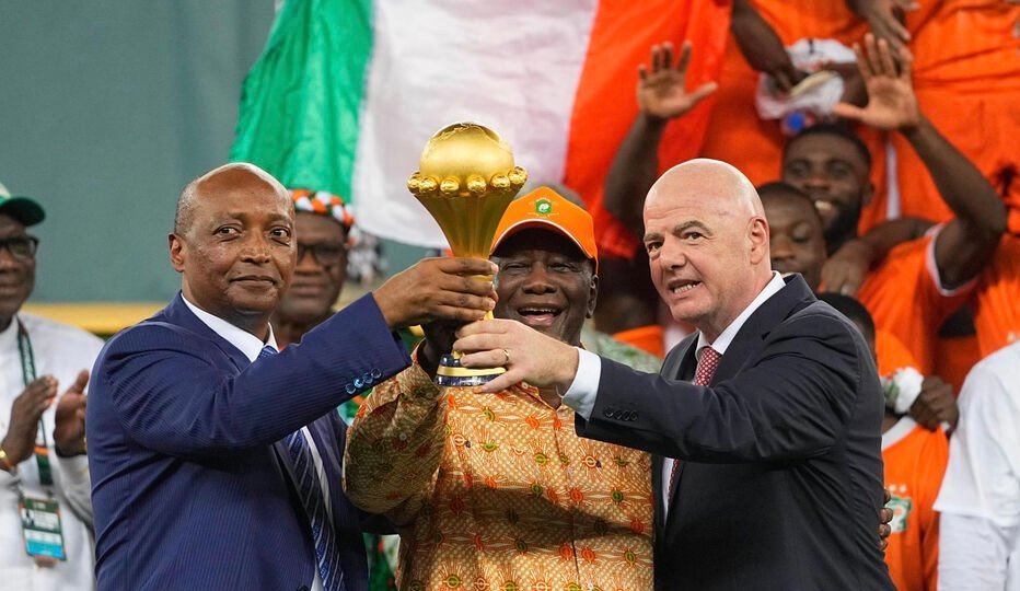 February 11 2024: Giovanni Vincenzo Infantino, Alassane Dramane Ouattara and Patrice Motsepe looks on during a African Cup of Nations - Final game, Ivory Coast vs Nigeria, at Alassane Ouattara Stadium, Abidjan, Ivory Coast. Kim Price/CSM/Sipa USA (Credit Image: © Kim Price/Cal Sport Media/Sipa USA) - Photo by Icon Sport