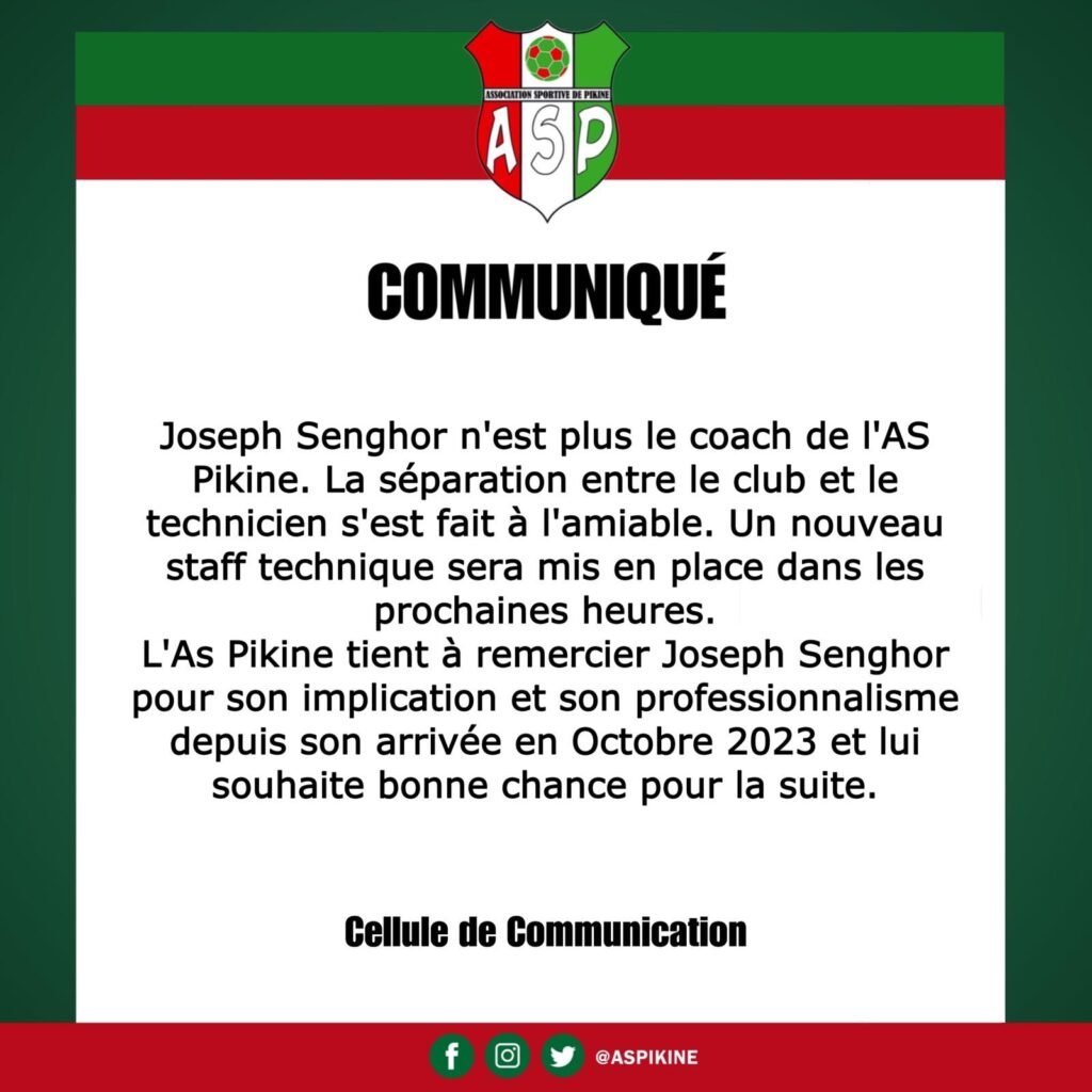 Communiqué officiel de Pikine sur le départ de Joseph Senghor