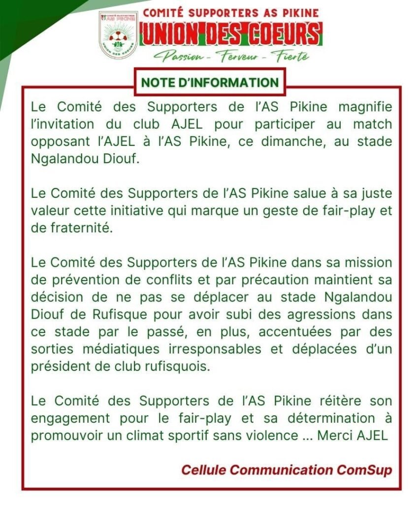 Communiqué officiel comité supporters de Pikine