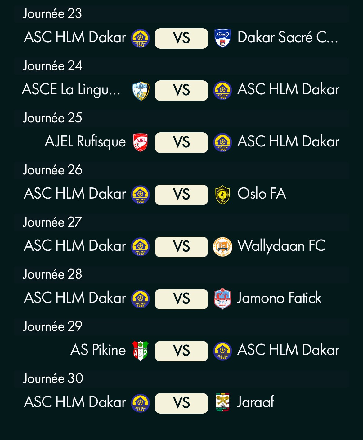 Les prochains matchs de HLM de Dakar