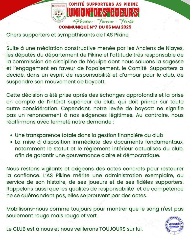 Communiqué du comité des supporters AS Pikine
