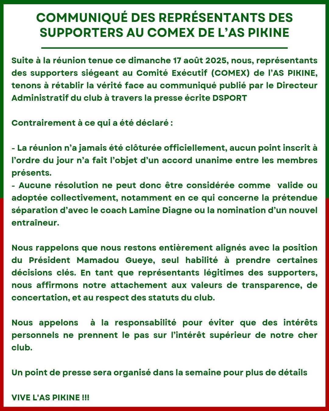 Communiqué des supporters au COMEX